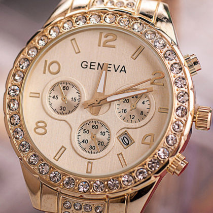 Ceas Geneva auriu cu cristale cadran